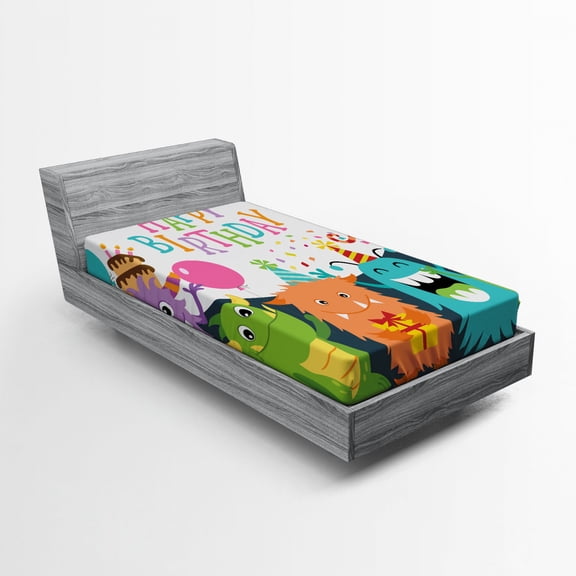 Ambesonne Birthday Party Fitted Sheet, Monster Birthday, Twin XL Size, Multicolor