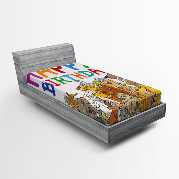 Birthday Party Fitted Sheet, Multicolored Cartoon Streets Dogs Cats Animals Party Themed Words Fun Print, Soft Decorative Fabric Bedding, Twin Size, Multicolor, by Ambesonne