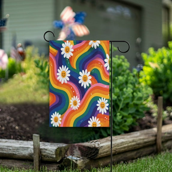 Birthday Party Garden Flags Outdoor Patio Decoration Flags 28x40in Rainbow-colored Waves with Daisies