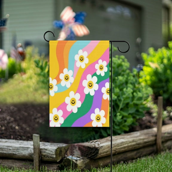 Birthday Party Garden Flags Outdoor Patio Decoration Flags 28x40in Smiley Daisy on Rainbow Background