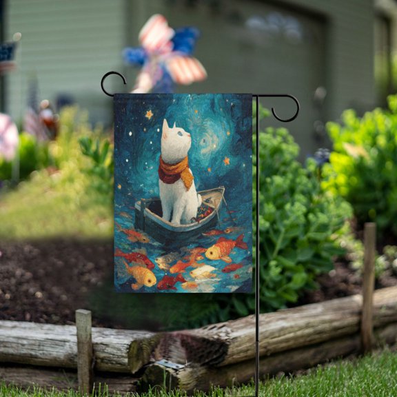 Birthday Party Garden Flags Outdoor Patio Decoration Flags 28x40in White Cat Sailing