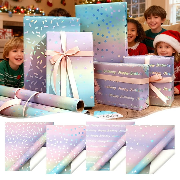 Birthday Party Gift Wrapping Paper, Ombre Gradient From Gold To Red Glossy Aluminum-Coated Roll Large 80 Gsm Tear-Resistant Thick, Festive Shiny Present Wrap Easy Fold, 118.11*16.93in, D