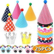 Birthday Party Hats with Party Glasses Tiny Paper Party Hats with Pom Poms Funny Party/Birthday Accessories for Baby Shower New Year Christmas Anniversary Holiday 25Pcs Set 1