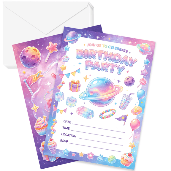 Birthday Party Invitations Cards with Envelopes, Cute Galaxy Space Fillin Blank Invites for Kids Birthday Celebration