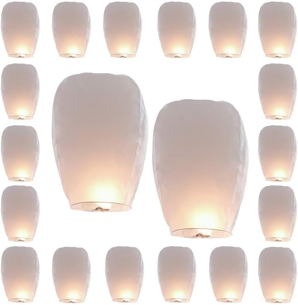 Birthday Party, New Years, Festival Chinese Paper Lanterns Paper Wishing Lanterns for Weddings 20 Pack (White)