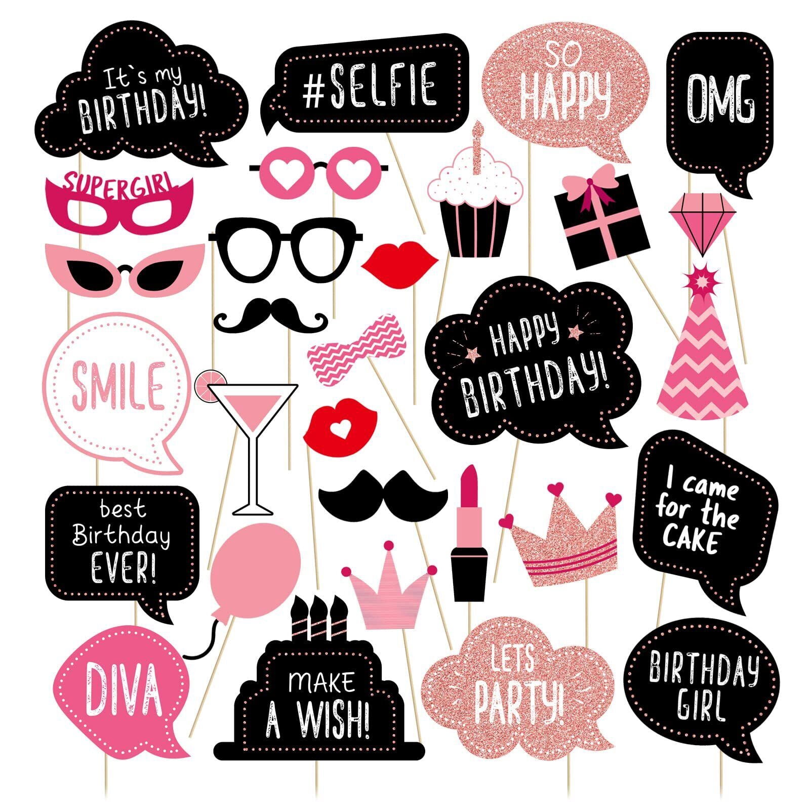 Birthday Party Photo Booth Props And Signs,Glitter Cute Bday Designs