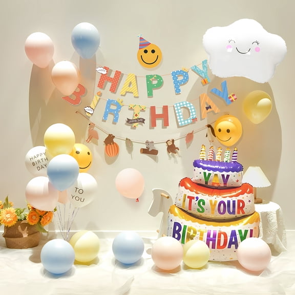 Birthday Party Scene Decoration Set with Pastel Balloons, Happy Birthday Banner, Smiling Cloud Accent, Simple Home Decor Ins Style Party Favor