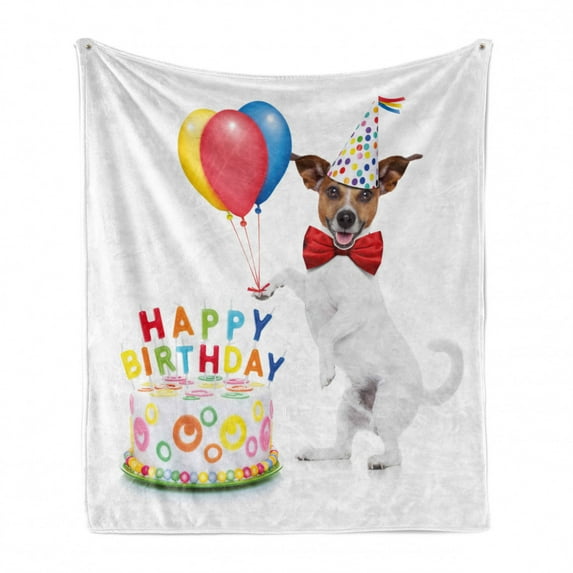 Birthday Party Soft Flannel Fleece Blanket, Celebration Dancing Party Dog with Cake and Colorful Balloons Artwork Print, Cozy Plush for Indoor and Outdoor Use, 50" x 70", Multicolor, by Ambesonne