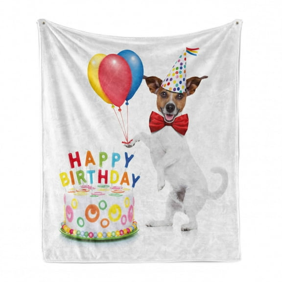 Birthday Party Soft Flannel Fleece Blanket, Celebration Dancing Party Dog with Cake and Colorful Balloons Artwork Print, Cozy Plush for Indoor and Outdoor Use, 50" x 70", Multicolor, by Ambesonne