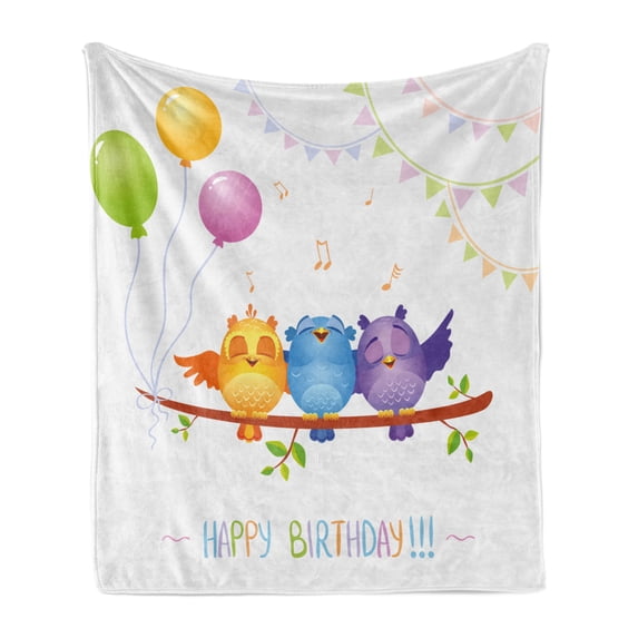 Birthday Party Soft Flannel Fleece Blanket, Celebration Owls Sitting on a Branch with Balloons on Abstract Backdrop Art, Cozy Plush for Indoor and Outdoor Use, 70" x 90", Multicolor, by Ambesonne
