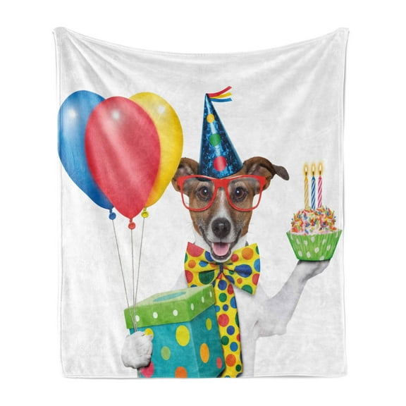 Birthday Party Soft Flannel Fleece Blanket, Happy French Bulldog Animal Cake Candles Cone Hat Celebration Themed Image, Cozy Plush for Indoor and Outdoor Use, 50" x 70", Multicolor, by Ambesonne