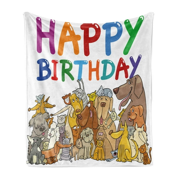 Birthday Party Soft Flannel Fleece Blanket, Multicolored Cartoon Streets Dogs Cats Animals Party Themed Words Fun Print, Cozy Plush for Indoor and Outdoor Use, 50" x 70", Multicolor, by Ambesonne