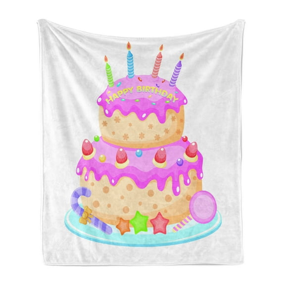 Birthday Party Soft Flannel Fleece Blanket, Pastel Colored Birthday Party Cake with Candles and Candies Celebration Image, Cozy Plush for Indoor and Outdoor Use, 50" x 70", Pale Pink, by Ambesonne