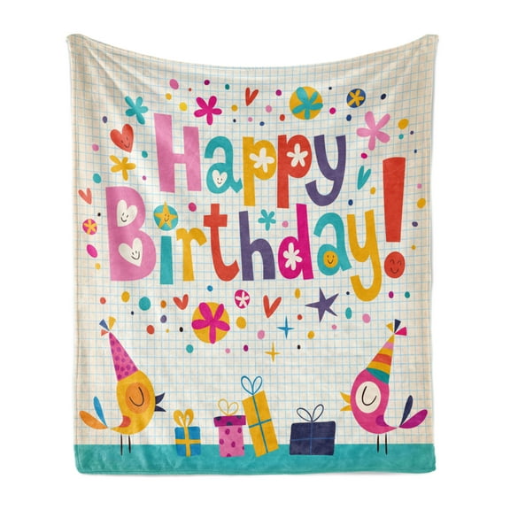 Birthday Party Soft Flannel Fleece Blanket, School Theme Math Student Note Pad Floral Rainbow Colored Party Words Print, Cozy Plush for Indoor and Outdoor Use, 50" x 70", Multicolor, by Ambesonne