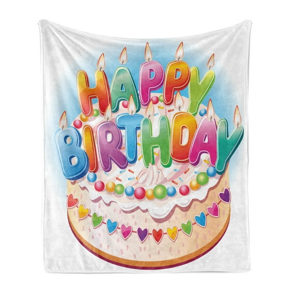 Birthday Party Soft Flannel Fleece Throw Blanket, Cartoon Style Happy Birthday Party Image Cake Candles Hearts Design Print, Cozy Plush for Indoor and Outdoor Use, 70" x 90", Multicolor, by Ambesonne