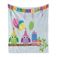 thumbnail image 1 of Birthday Party Soft Flannel Fleece Throw Blanket, Cartoon Style Owls at a Party with Flags Boxes on a Polka Dotted Backdrop, Cozy Plush for Indoor and Outdoor Use, 60" x 80", Baby Blue, by Ambesonne, 1 of 6