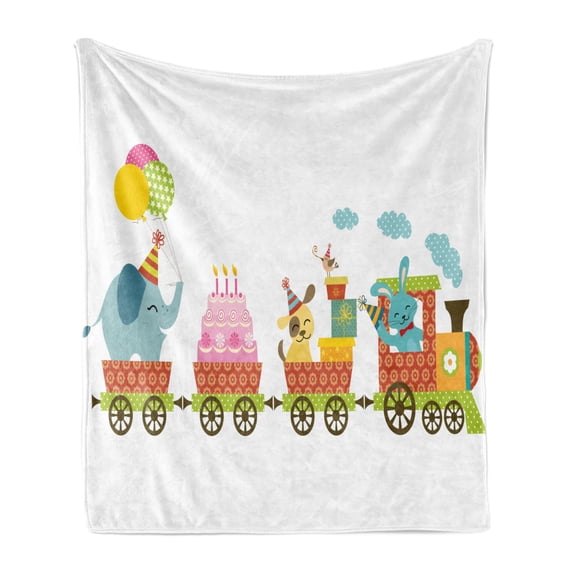 Birthday Party Soft Flannel Fleece Throw Blanket, Happy Cartoon Style Cake Dessert Animals Balloons in a Party Train Image, Cozy Plush for Indoor and Outdoor Use, 70" x 90", Multicolor, by Ambesonne
