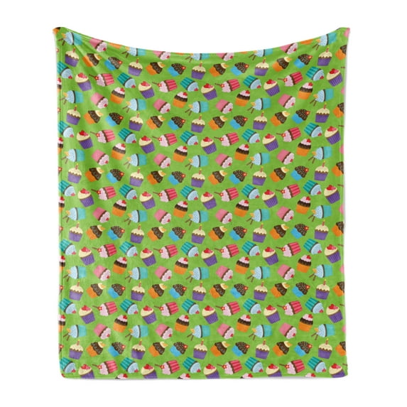 Birthday Party Soft Flannel Fleece Throw Blanket, Illustration of Creamy Cupcakes with Sprinkles and Candles, Cozy Plush for Indoor and Outdoor Use, 50" x 70", Lime Green Multicolor, by Ambesonne