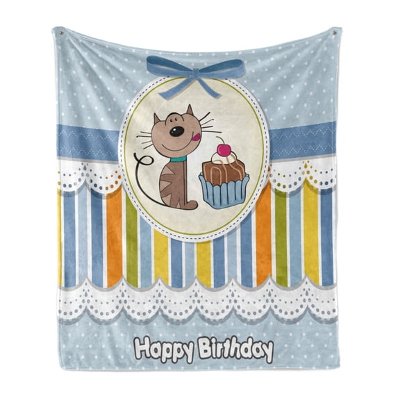 Birthday Party Soft Flannel Fleece Throw Blanket, Present Wrap Like Image with Chocolate Cake and Kitten Party, Cozy Plush for Indoor and Outdoor Use, 60" x 80", Baby Blue and White, by Ambesonne