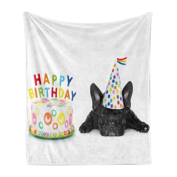 Birthday Party Soft Flannel Fleece Throw Blanket, Sleepy French Bulldog Cupcake Candles Cone Hat Celebration Themed Image, Cozy Plush for Indoor and Outdoor Use, 60" x 80", Multicolor, by Ambesonne