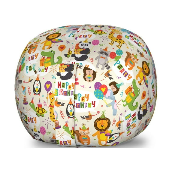 Birthday Party Storage Toy Bag Chair, Happy Theme Safari Animals Celebrating Leon Fox Bird, Stuffed Animal Organizer Washable Bag, Large Size, Grey Yellow Multicolor, by Ambesonne