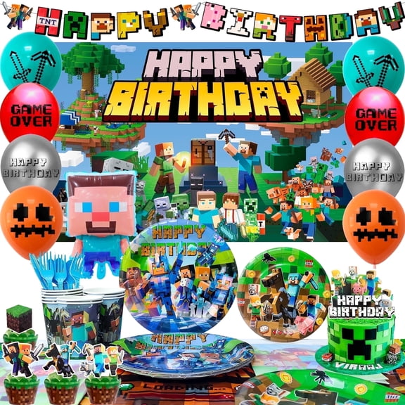 Pixel game birthday party decoration supplies, 113 pieces pixel game party supplies, including pixel game cake toppers, balloons, banners, plates and other pixel game party decorations for boys