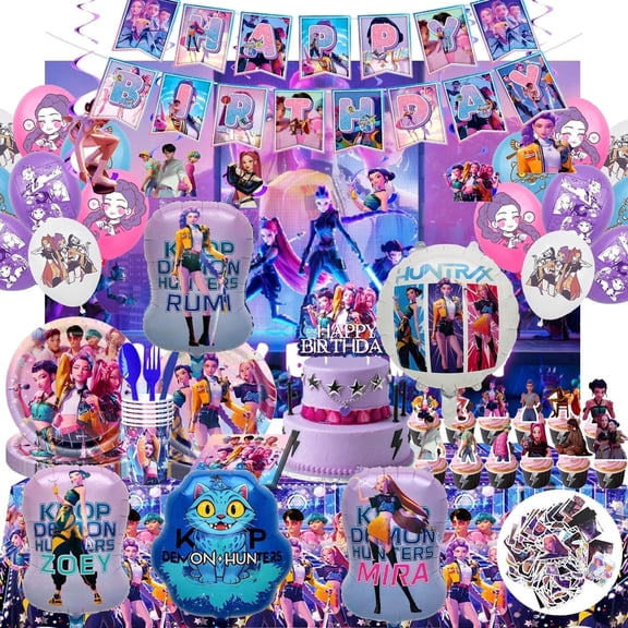 Birthday Party 289 Pcs Decoration Set - 24 Cake Toppers, 1 Happy Birthday Banner, 1 Large Cake Topper, 1 Table Cloth, 18 Latex Ballnoon Party Supplies for Fans.