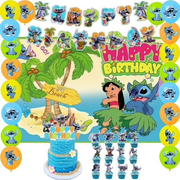 Birthday Party Supplies Set with Stitch Themed, Including Happy Birthday Banners,Background Flag,Cupcake Toppers, Balloons, Party Decor Set.