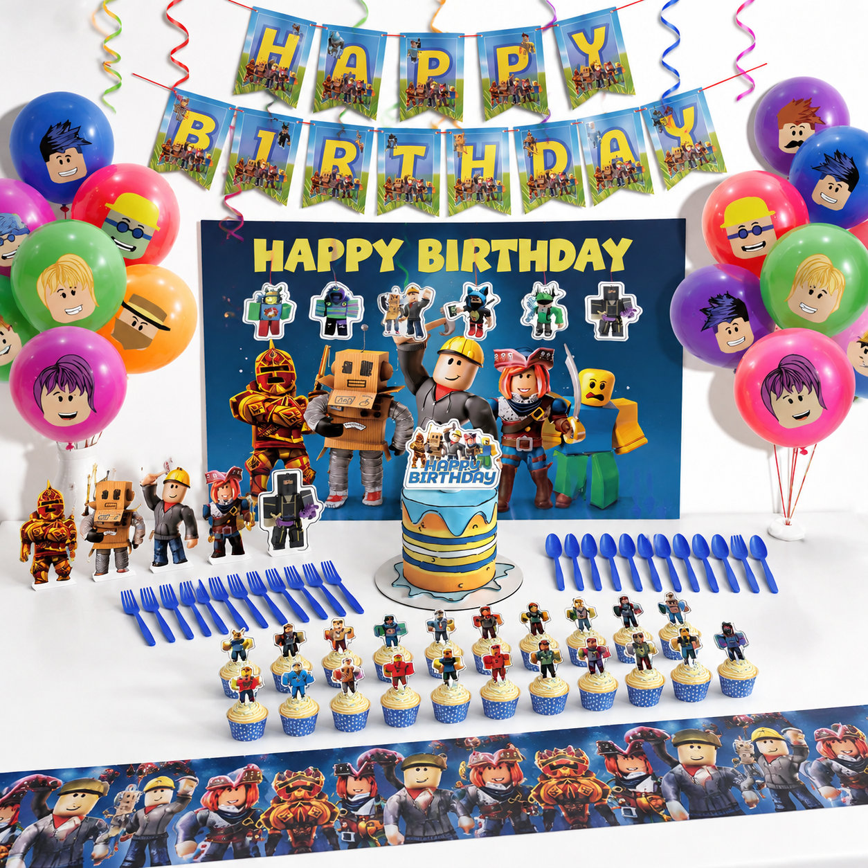 Birthday Party Supply Set with Banner, Tablecloth, Balloons, Tableware ...