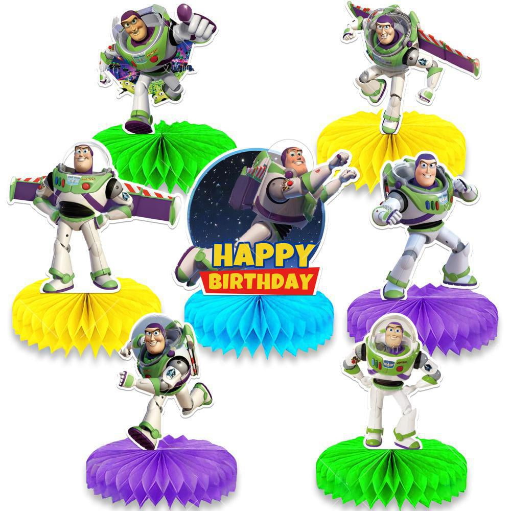 Birthday Party Table Decorations - 7 Pcs Buzz Lightyear Birthday Centerpieces for Tables Rainbow Honeycomb Centerpieces Table Toppers for Girls Boys Toy Story Theme Party Supplies, Photo Booth Props
