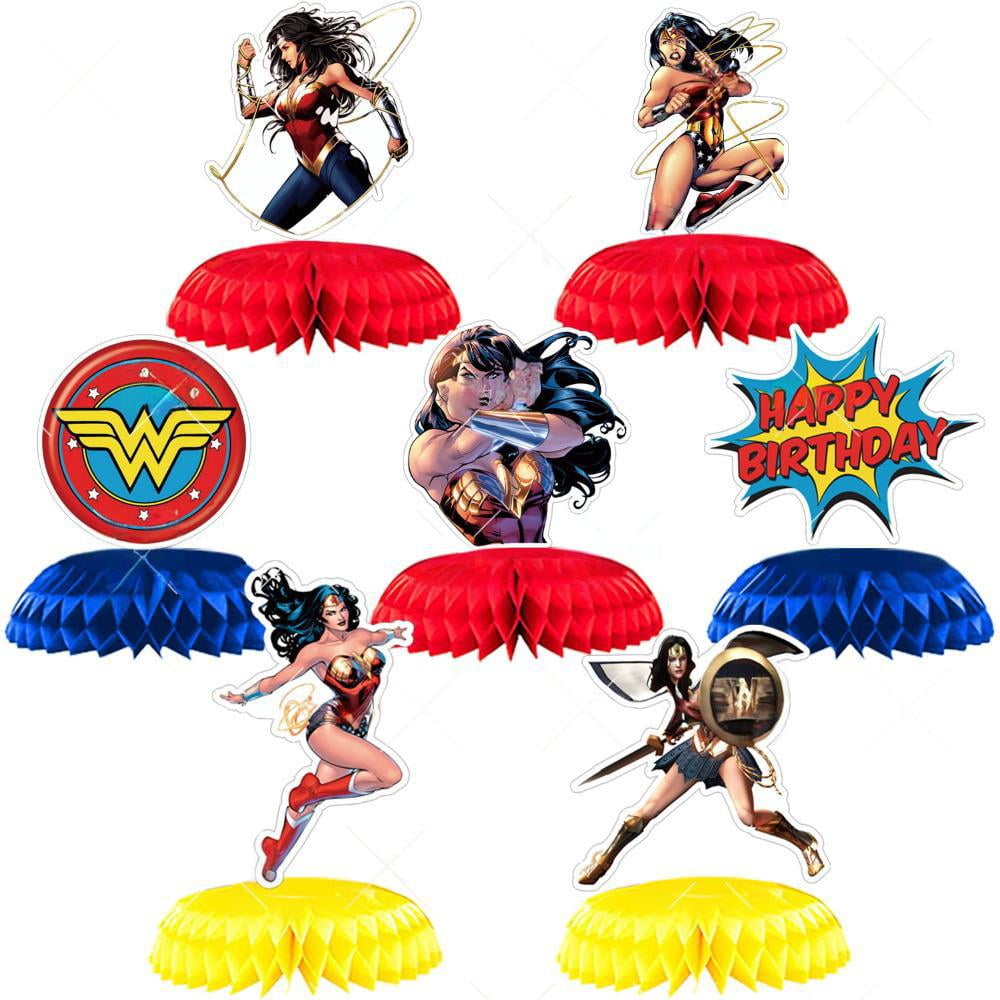 Birthday Party Table Decorations - 7 Pcs Wonder Woman Birthday Centerpieces for Tables Rainbow Honeycomb Centerpieces Table Toppers for Girls Boys Superhero Theme Party Supplies, Photo Booth Props