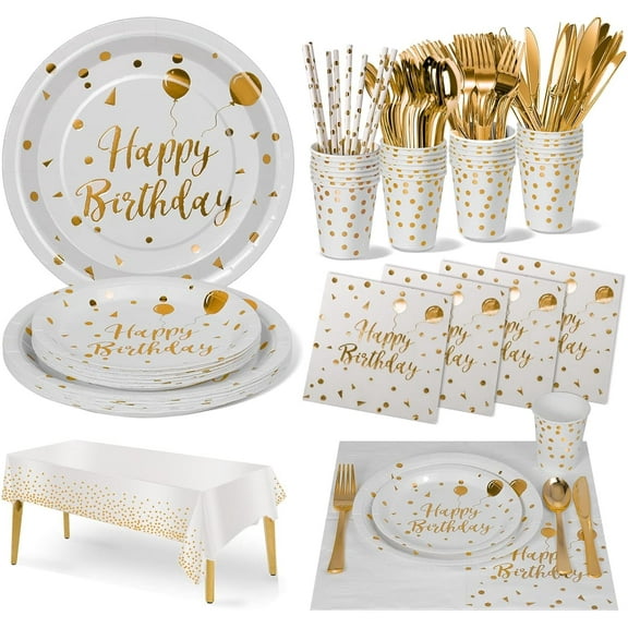 Birthday Party Tableware, 161 Pieces White Gold Party Supplies, Party Dinnerware Sets Include Paper Plates Napkins Cups Silverware, for Shower Engagement Parties Decoration -20 Serves