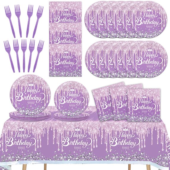 Birthday Party Tableware, Happy Birthday Plates Set Birthday Cutlery Including Birthday Paper Plates Birthday Napkins Forks and Tablecloth for Birthday Supplies, Purple