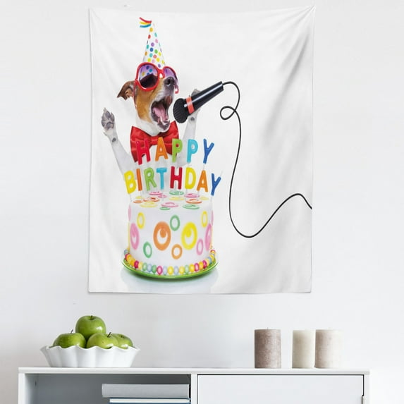 Birthday Party Tapestry, Birthday Musician Singer Dog with Glasses and Party Cake Cones Image Print, Fabric Wall Hanging Decor for Bedroom Living Room Dorm, 5 Sizes, Multicolor, by Ambesonne