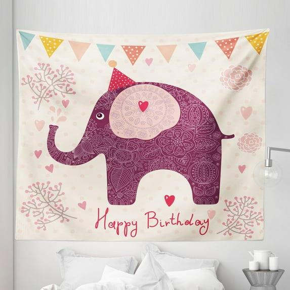 Birthday Party Tapestry, Paisley Motif Image with Purple Color Party Cone Hearts and Flags, Fabric Wall Hanging Decor for Bedroom Living Room Dorm, 5 Sizes, Pink, by Ambesonne