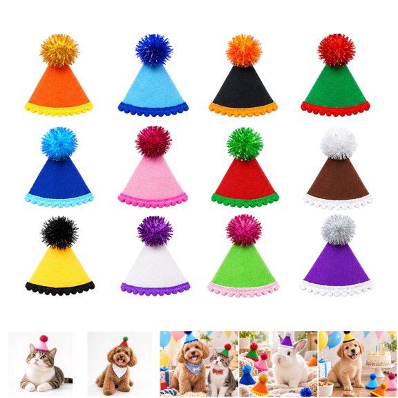 Birthday Pet Costume Hat, 12 Pack Assorted Color Party Cone Hats for Dogs Cats Rabbits, Free