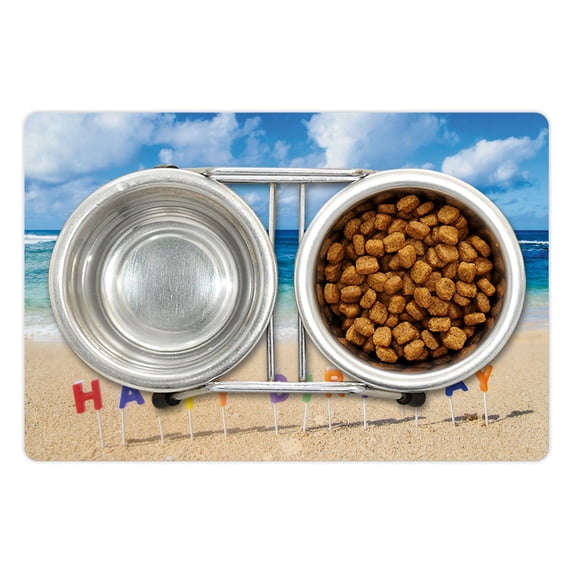 Birthday Pet Mat for Food and Water, Happy Birthday Sign on the Tropical Beach in Hawaii Exotic Surprise Theme, Non-Slip Rubber Mat for Dogs and Cats, 18" X 12", by Ambesonne