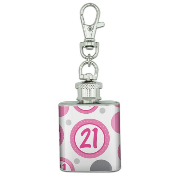 Birthday Pink Dots 21 Stainless Steel 1oz Mini Flask Key Chain