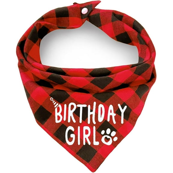 Birthday Plaid Dog Bandana with Button, Fall Dual Layer Soft Cotton Triangle Dog Scarf Kerchief Washable Girl Boy Dog Bandanas Adjustable Accessories for Medium Large Extra Large Dog Puppy Pet