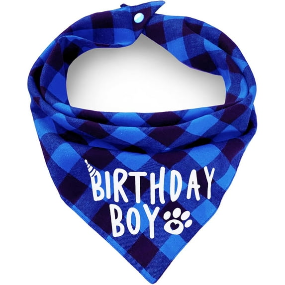 Birthday Plaid Dog Bandana with Button, Fall Dual Layer Soft Cotton Triangle Dog Scarf Kerchief Washable Girl Boy Dog Bandanas Adjustable Accessories for Medium Large Extra Large Dog Puppy Pet