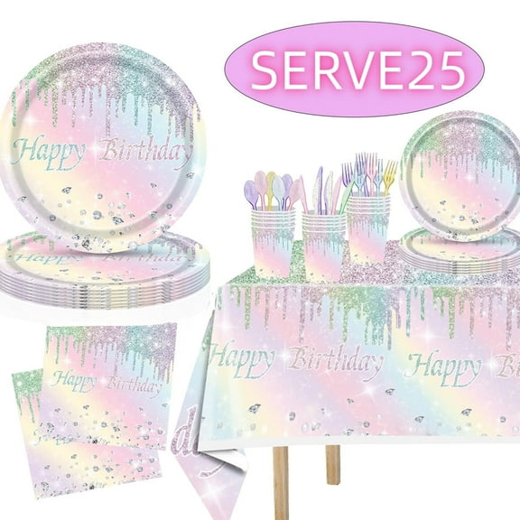 Birthday Plates Birthday Party Supplies Decoration Diamond Paper Plates and Napkins Tablecloth for Girls Kids Women Serves 25 Guests