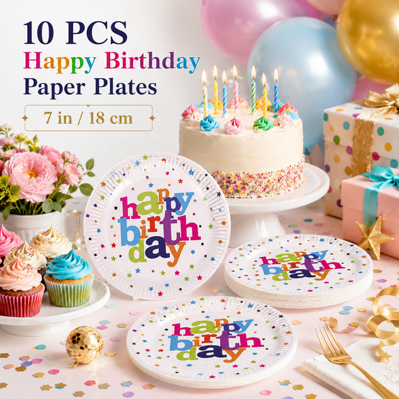 Birthday Plates Paper Disposable Happy Birthday Plates and Napkins Set Colorful Decorations Party Supplies for 10 Guests 10PC 7 Inch Happy Birthday Plates