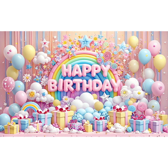 Birthday Polyester Banner Photography Backdrop Rainbow and Gift Box Theme with Balloons - Party Background Decoration for the Celebration