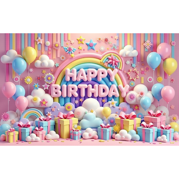 Birthday Polyester Banner Photography Backdrop Rainbow and Gift Box Theme with Balloons - Party Background Decoration for the Celebration