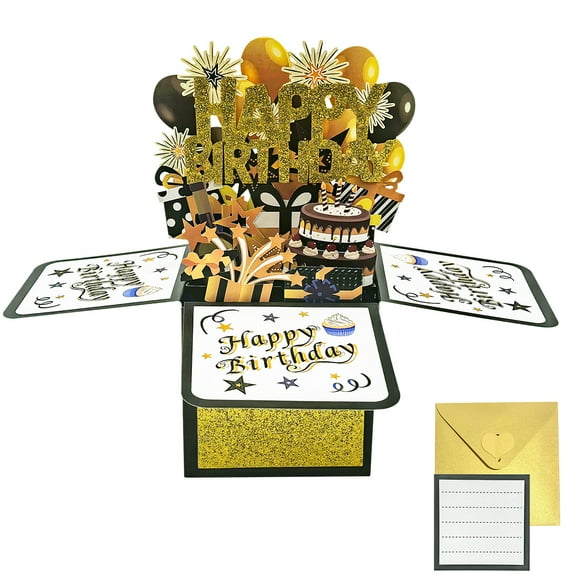 Birthday Pop Up Card 3D Birthday Gift Box for Adults and Kids with Envelopes for Daughter, Son, Mom, Dad, Friend(Black)