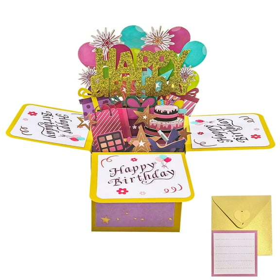 Birthday Pop Up Card 3D Birthday Gift Box for Adults and Kids with Envelopes for Daughter, Son, Mom, Dad, Friend（Purple)