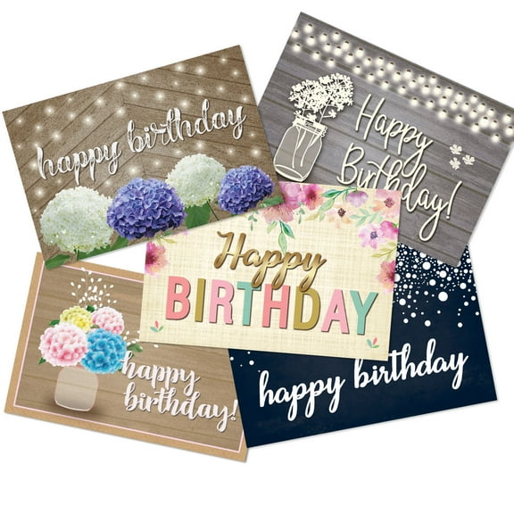 Birthday Postcards - 5 Birthday Designs, 4x6 Assorted Postcards - Rustic Happy
