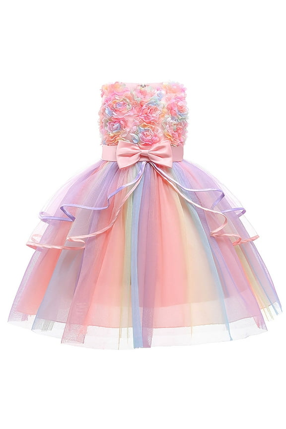 Birthday Princess Dress 2-3t for Girl Bowknot Rainbow Tulle Ruffle Tutu Dress Sleeveless Fashion Party Kids Gift Dresses, Pink, 6 Months