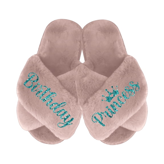 Birthday Princess Slippers - Fluffy Criss Cross Slippers for Girls - Ages 3 to 10 years - Gifts for Girls, Dusty Rose 11.5-12C (5-6Yrs), Turquoise Glitter