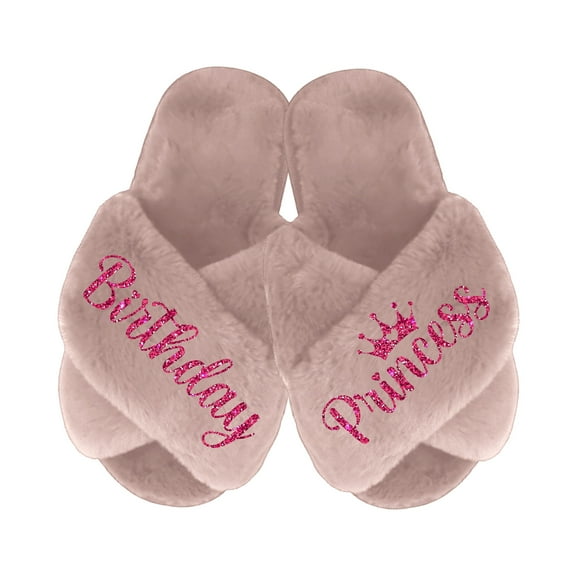 Birthday Princess Slippers - Fluffy Criss Cross Slippers for Girls - Ages 3 to 10 years - Gifts for Girls, Dusty Rose 2.5-3Y (9-10Yrs), Fuchsia Glitter